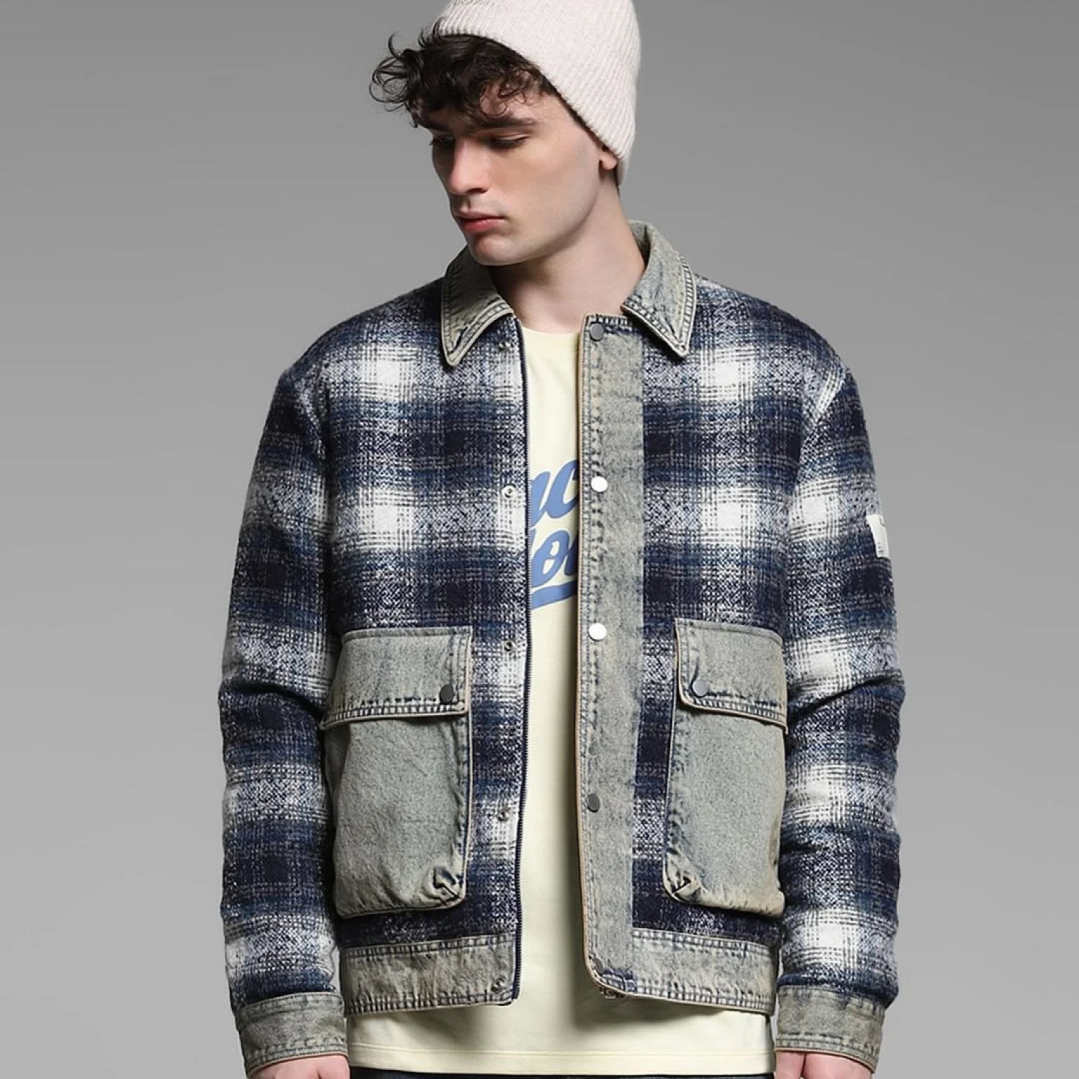 Blue Contrast Denim Detail Plaid Shacket