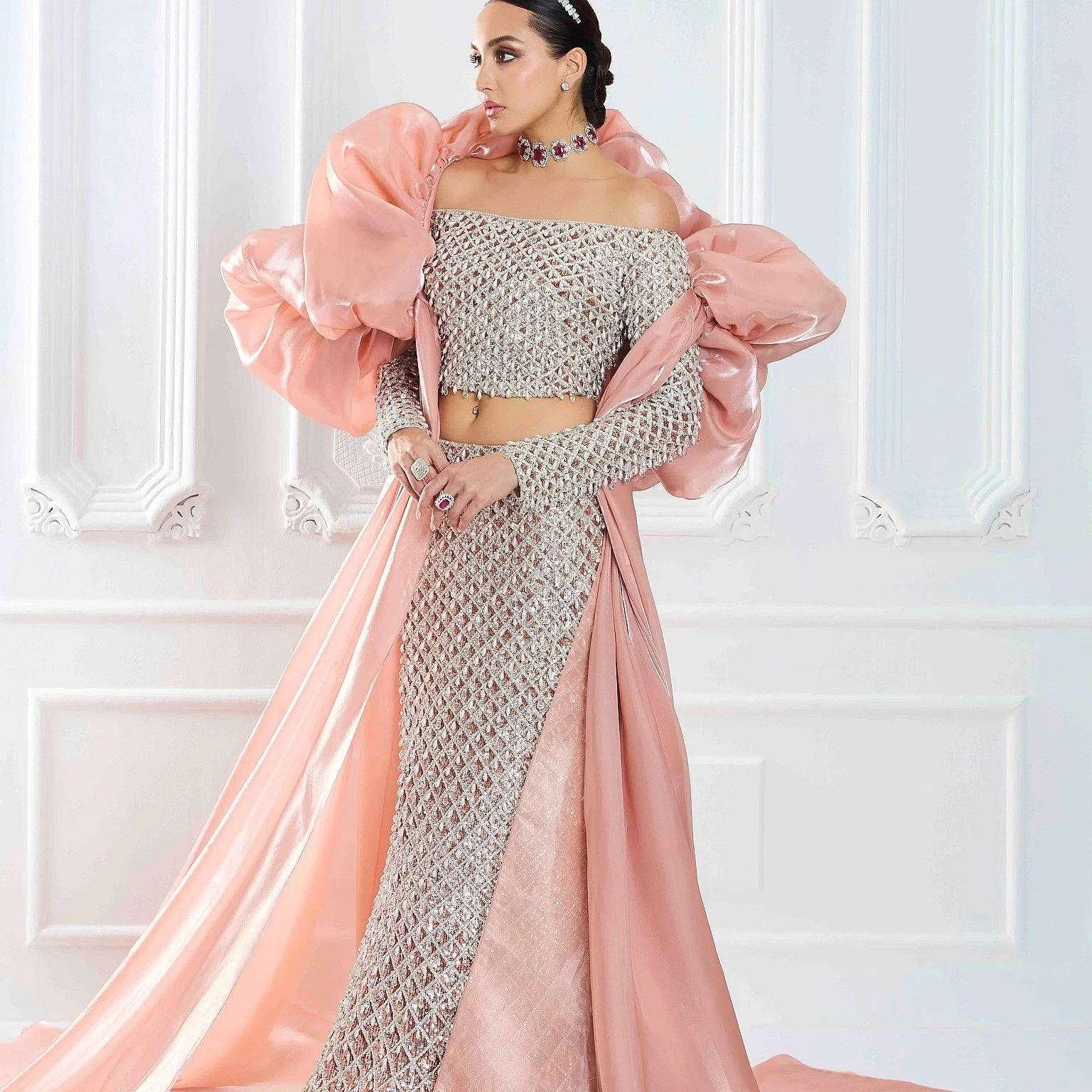 Champagne Net Fishtail Sequin Lehenga Set