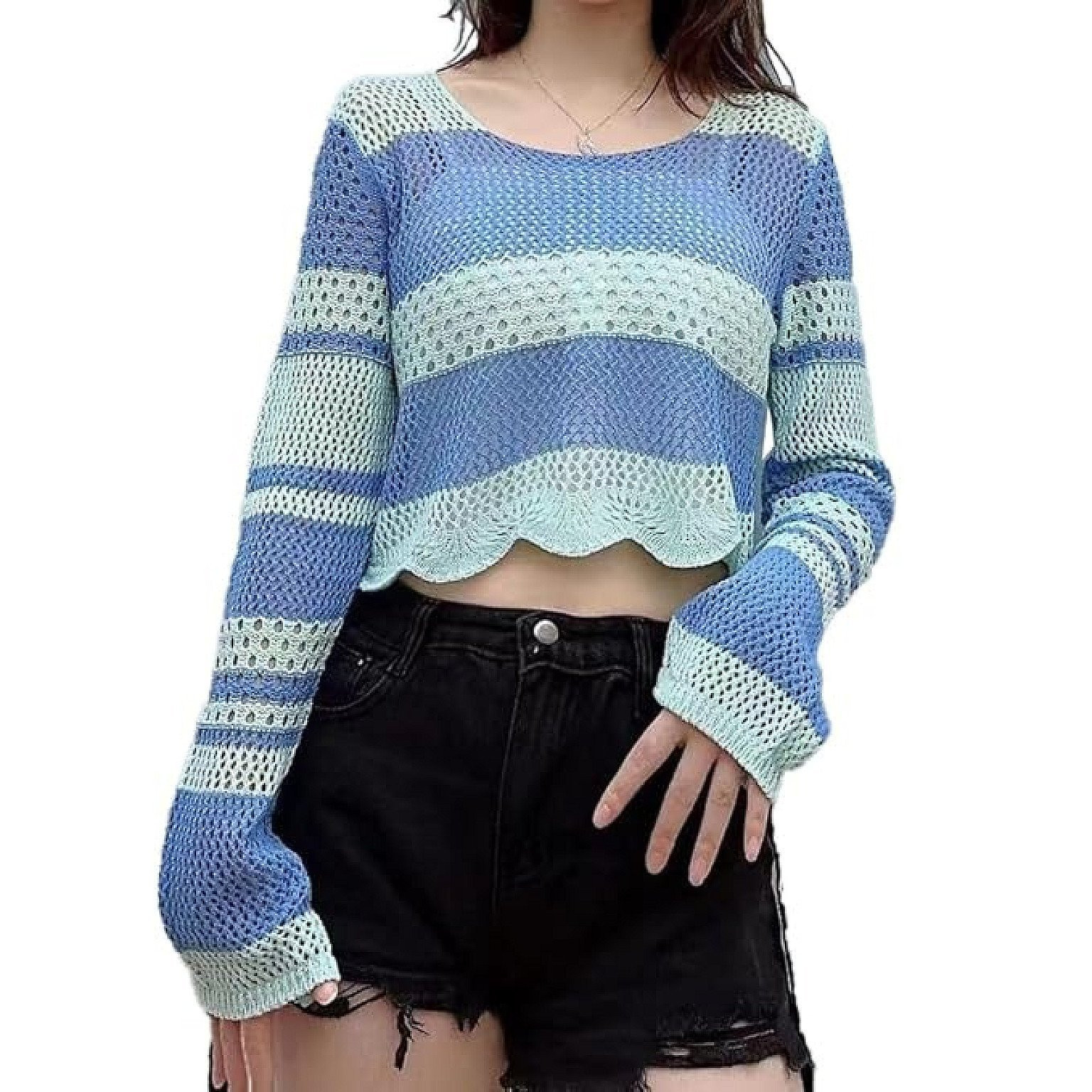 ICW Women's Korean Style Knitted Sheer Crochet Long Sleeve Hollow Out Colour Block Print Crop Top T-Shirt Sweater