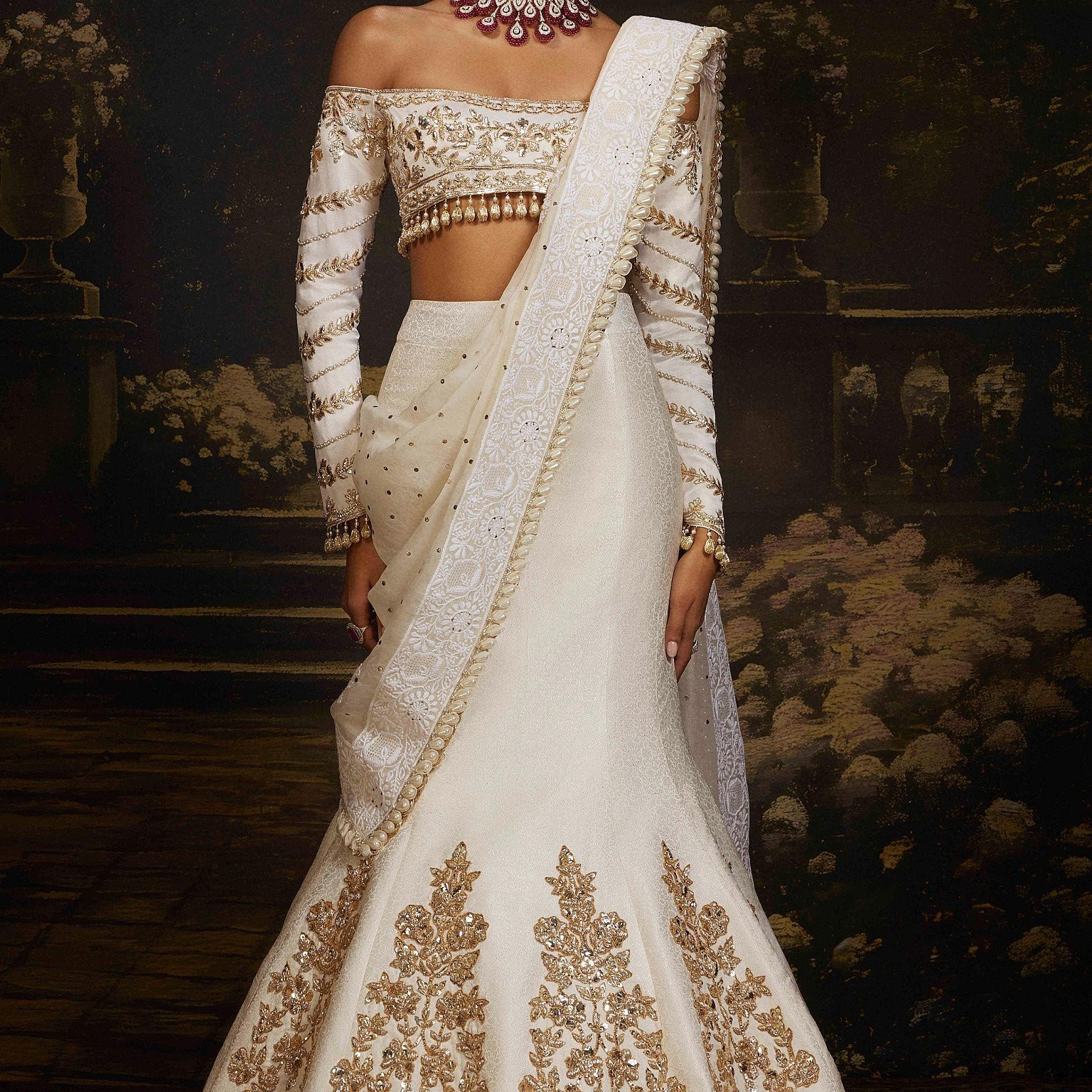 Ivory Silk Embroidered Lehenga Set