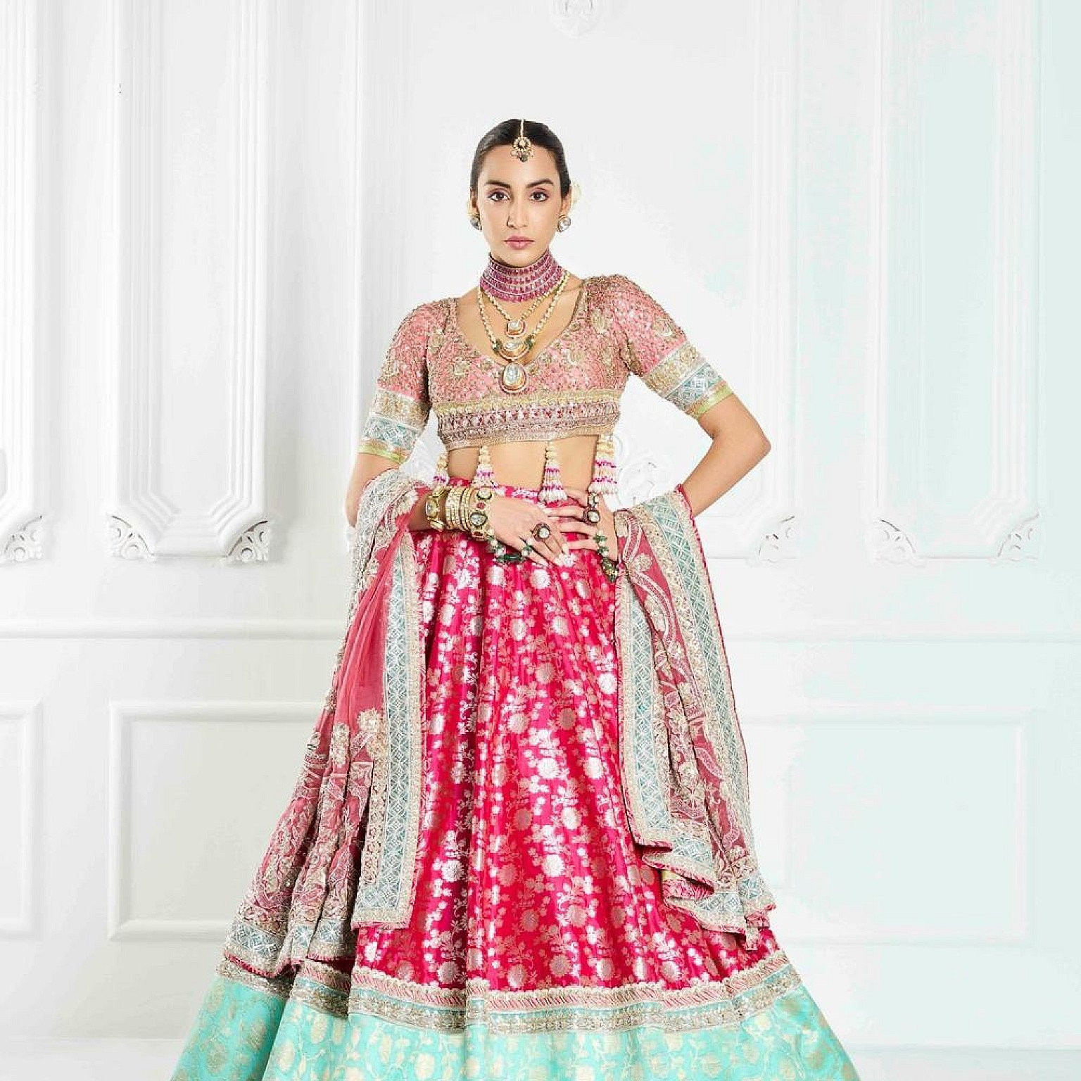 Magenta Pink Brocade Lehenga Set