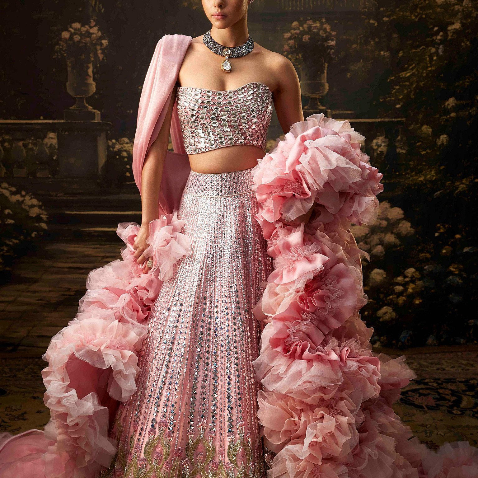 Pink Floral Sequin Lehenga Set